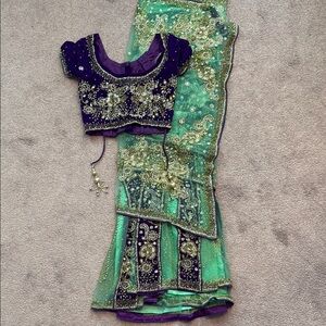 Purple and Green Embroidered Lehenga Saree